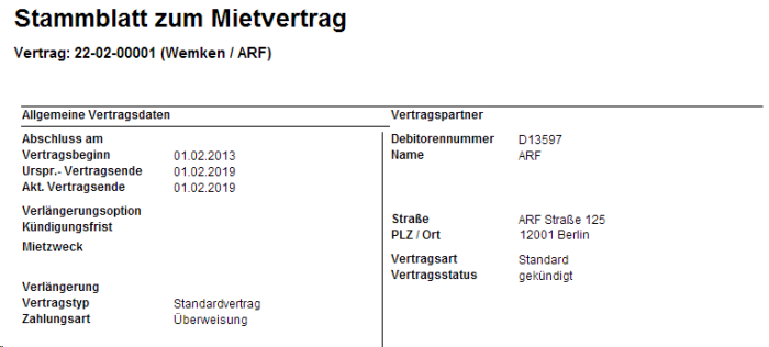 Beispielbericht mit den wichtigsten Daten der vorliegenden Mietverträge